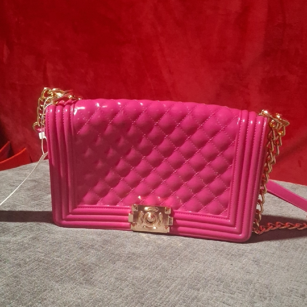 Vibrant Pink Quilted Crossbody Bag with Gold Chain